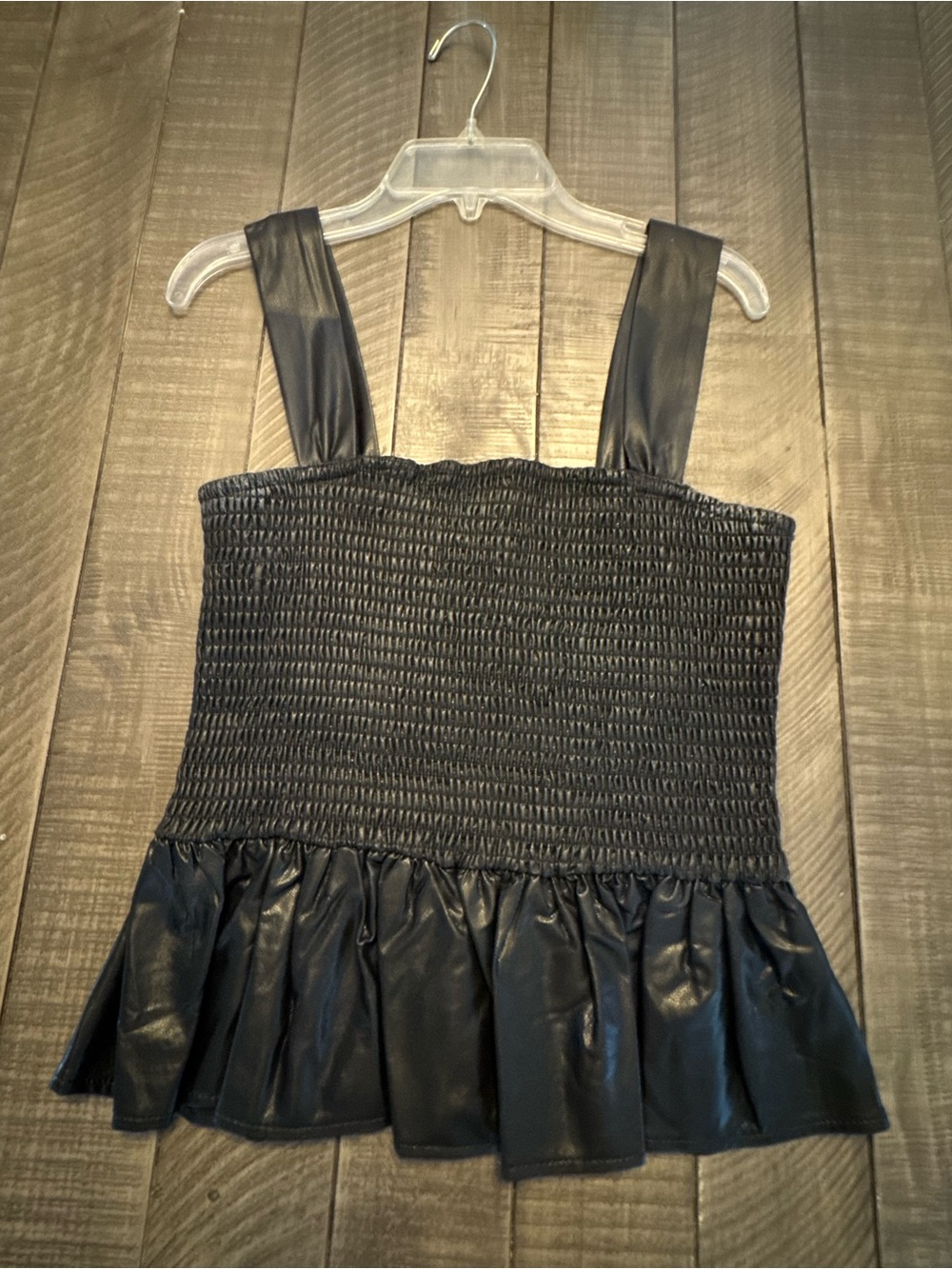 TCEC Black Smocked Faux-Leather Ruffle Hem Cami Top